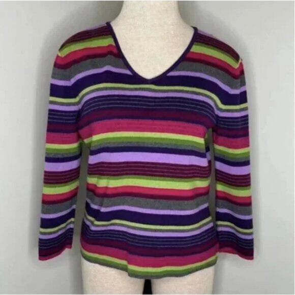 Talbots Striped V-Neck 3/4 Sleeve Sweater Size Purple Green Petite Small - Picture 1 of 6